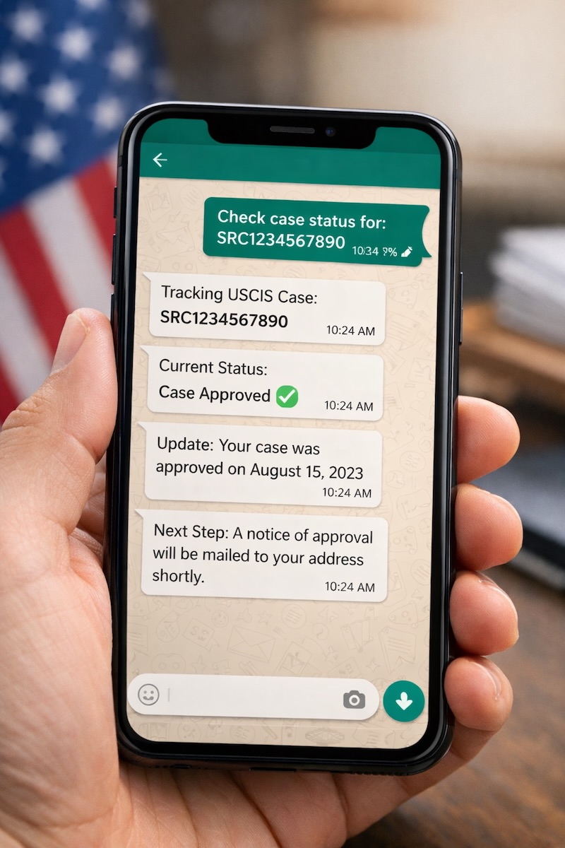 WhatsApp messages showing USCIS case status tracking updates